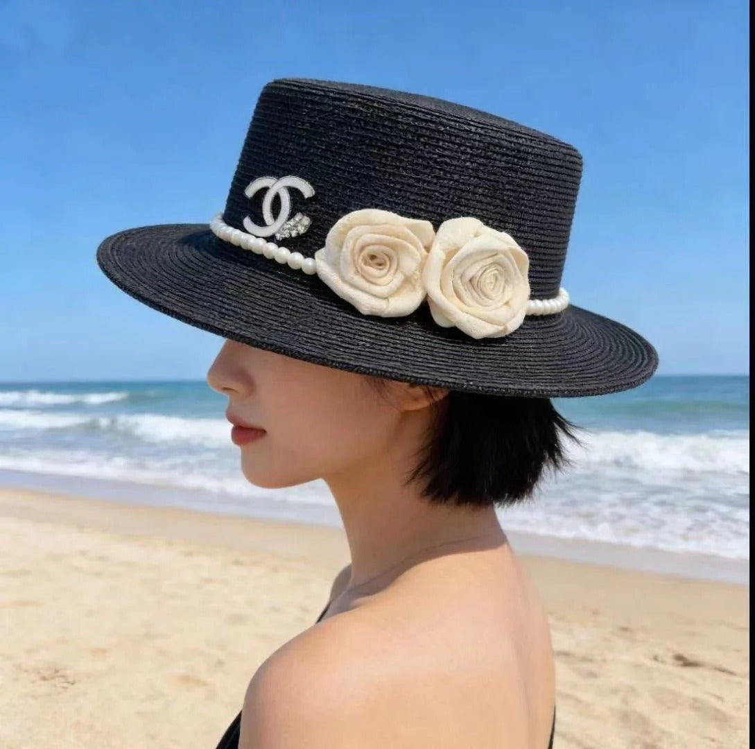 CC Flat-top Straw Hat With Flower Pearl 269016