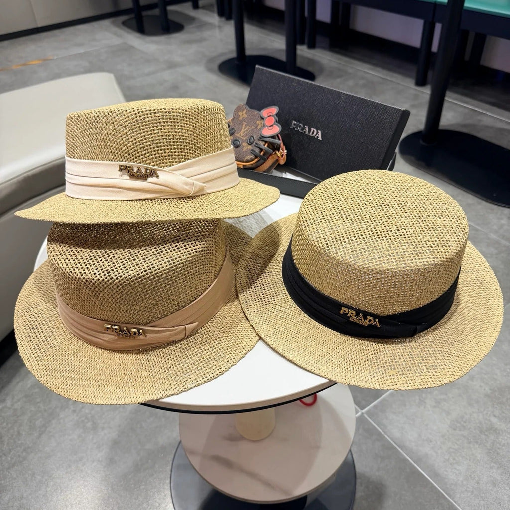 Prada Straw Woven Flat-top Hat 219138
