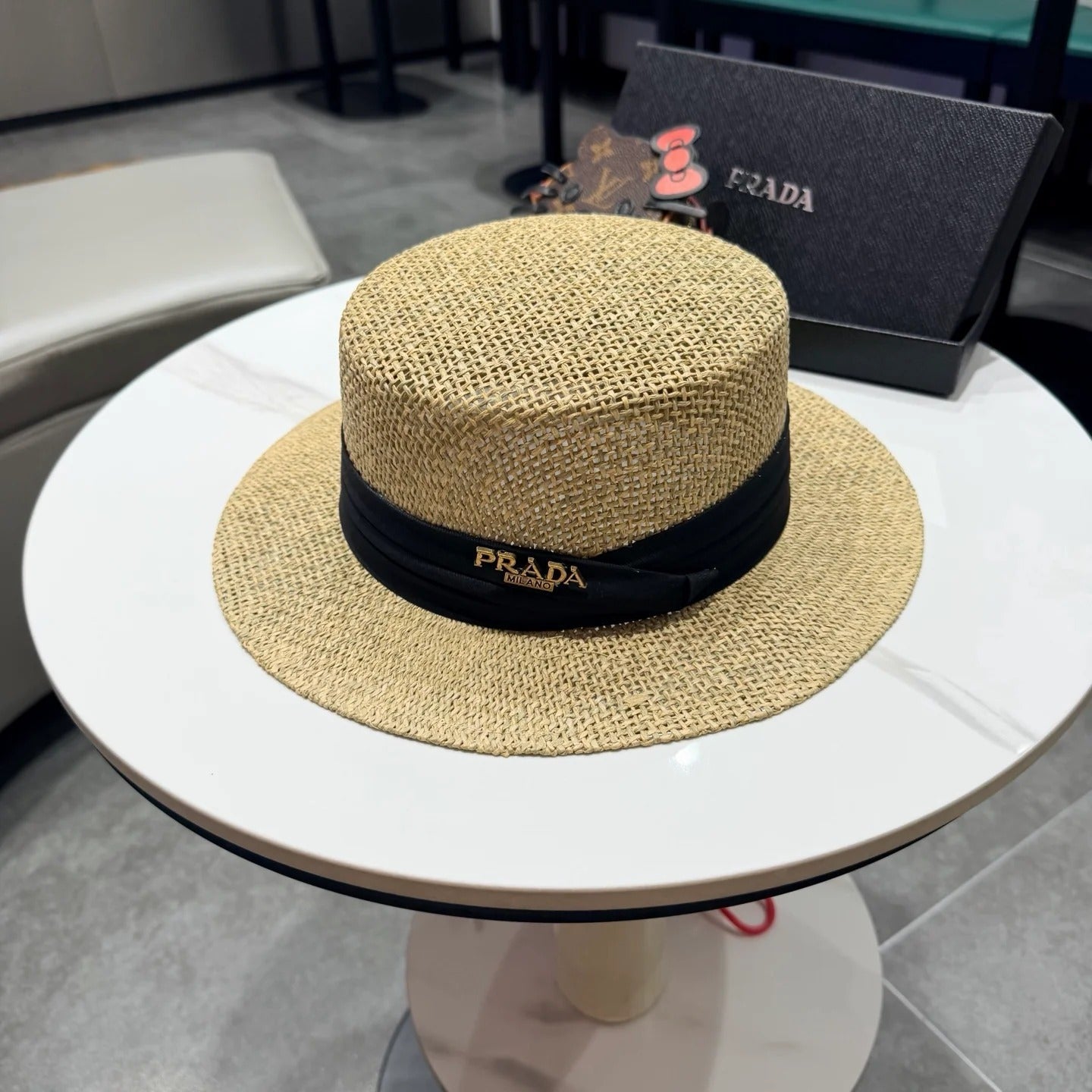 Prada Straw Woven Flat-top Hat 219138
