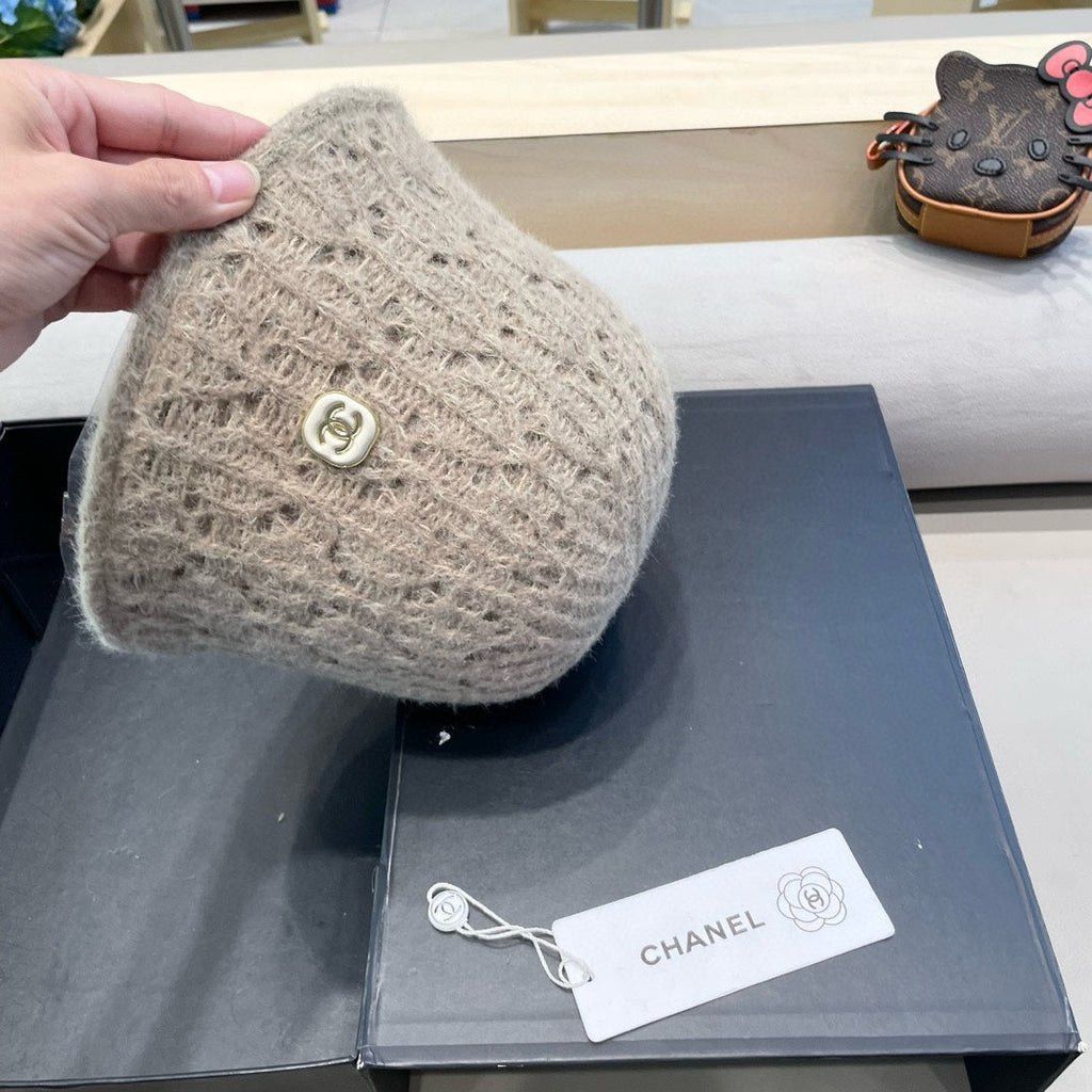 BUCKET HAT KHAKI BROWN KNITTED FABRIC WITH RABBIT FUR 428091