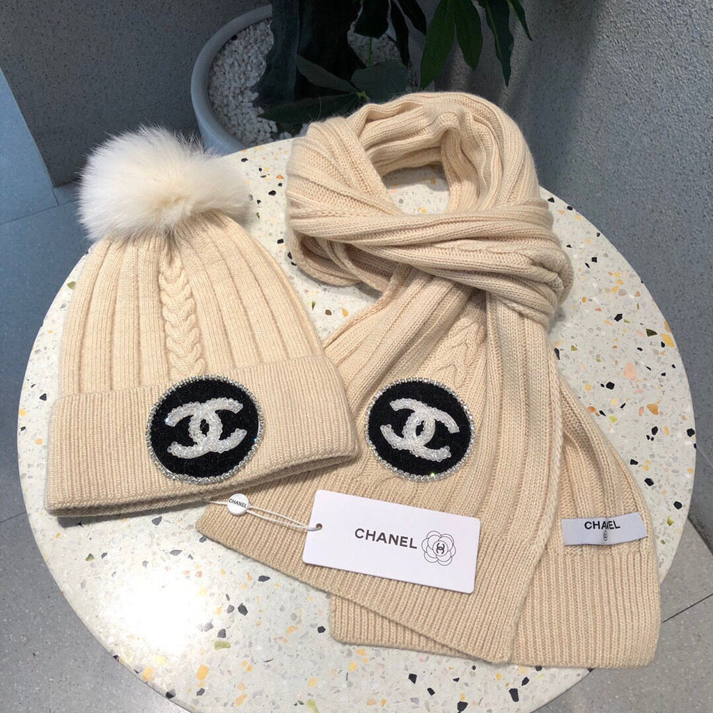 SET BEANIE HAT AND SCARF IN BISQUE BEIGE WOOL 424022
