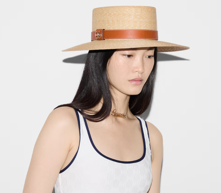Gucci Straw Hat Beige Brown With Leather Detail