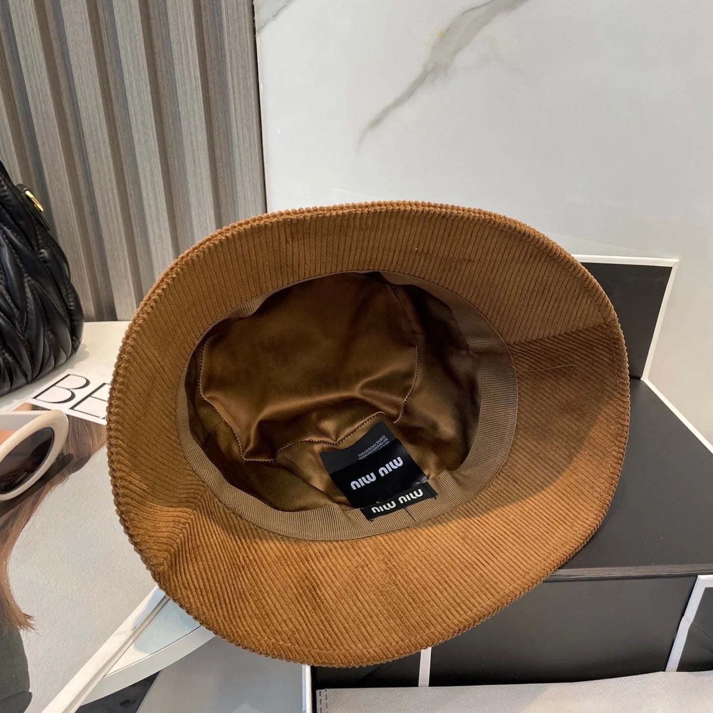 MM BUCKET IN BURNT ORANGE VELVET WITH LOGO