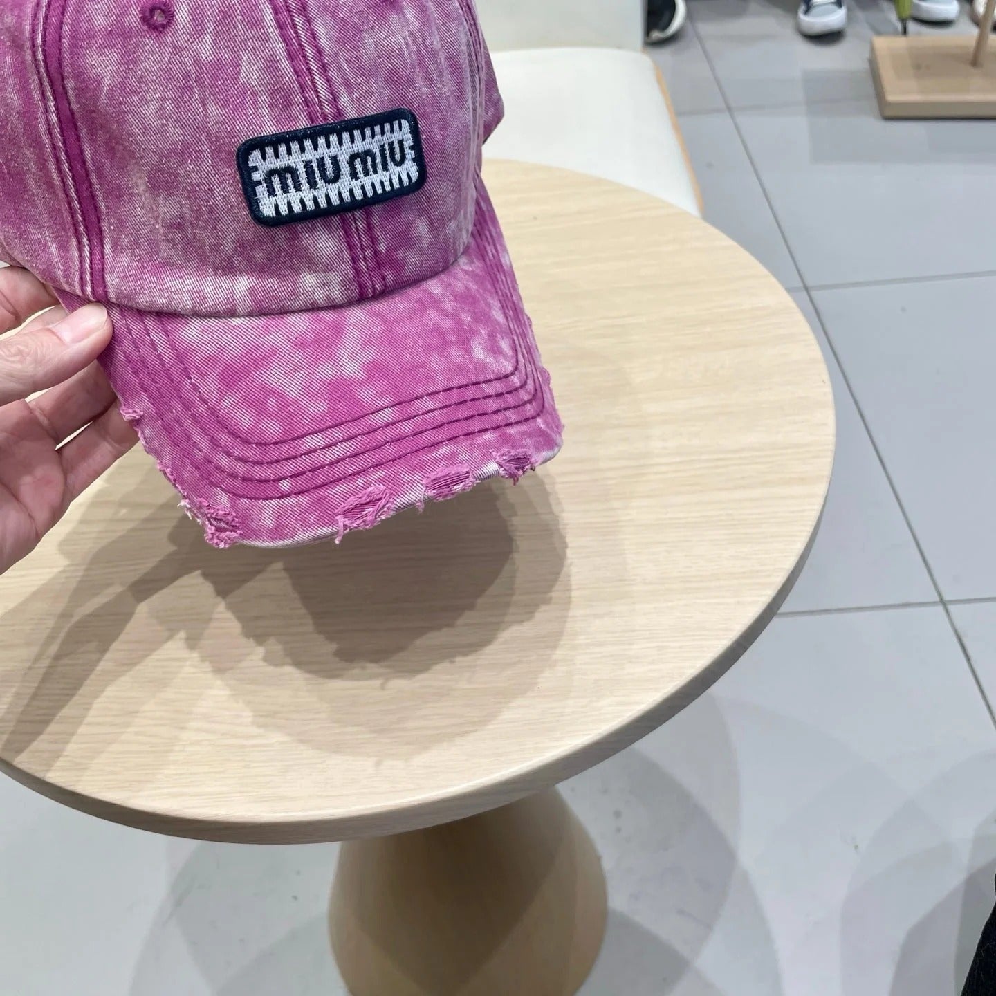 MM DISTRESSED FABRIC BASEBALL CAP IN PINK WITH EMBROIDERED LOGO