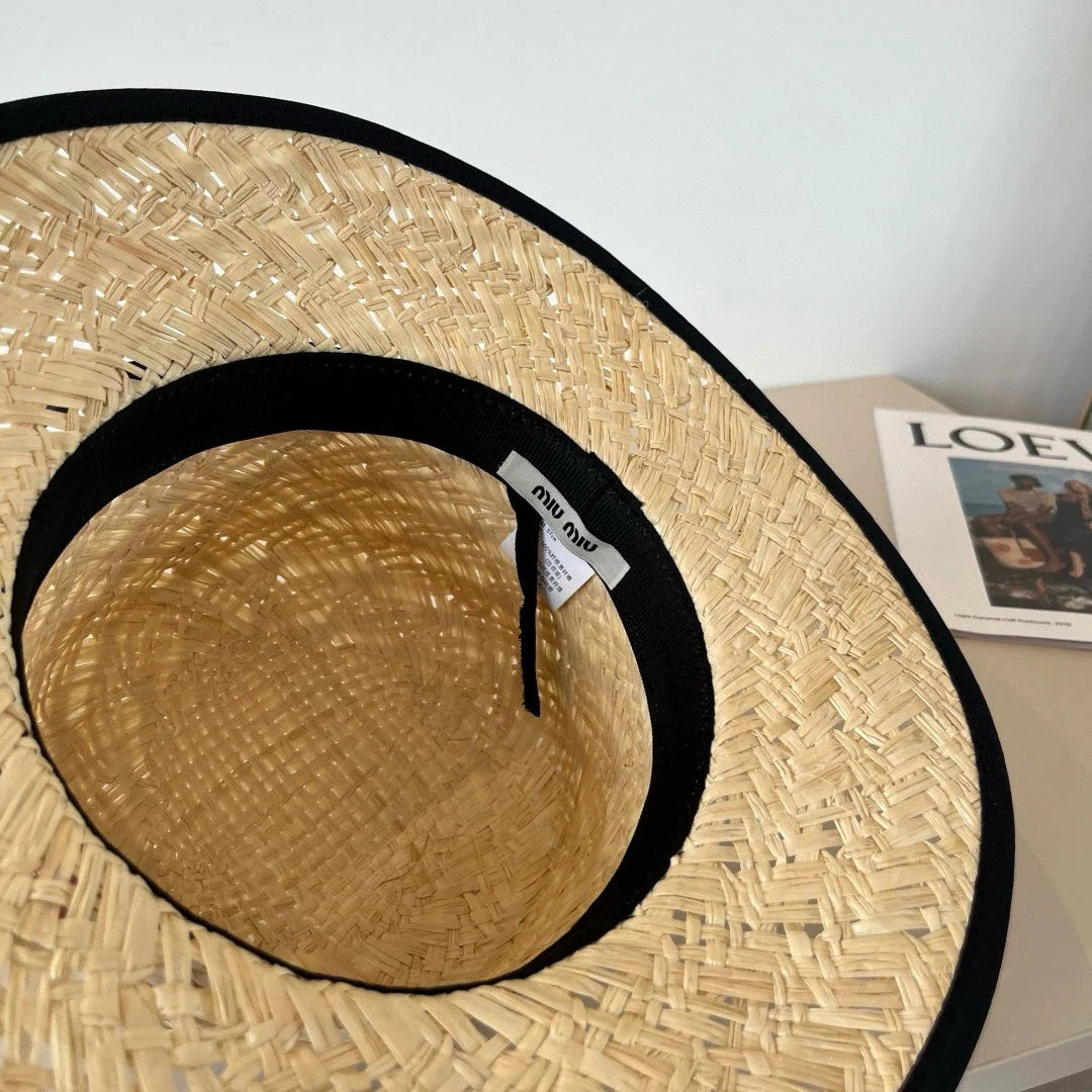 MM STRAW HAT IN BEIGE RAFFIA MIX BLACK FABRIC TRIM
