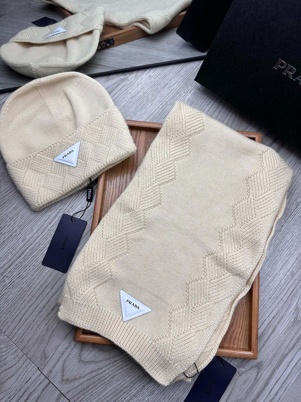 SET SCARF AND HAT IN BISQUE BEIGE WOOL AND RABBIT FUR 397405