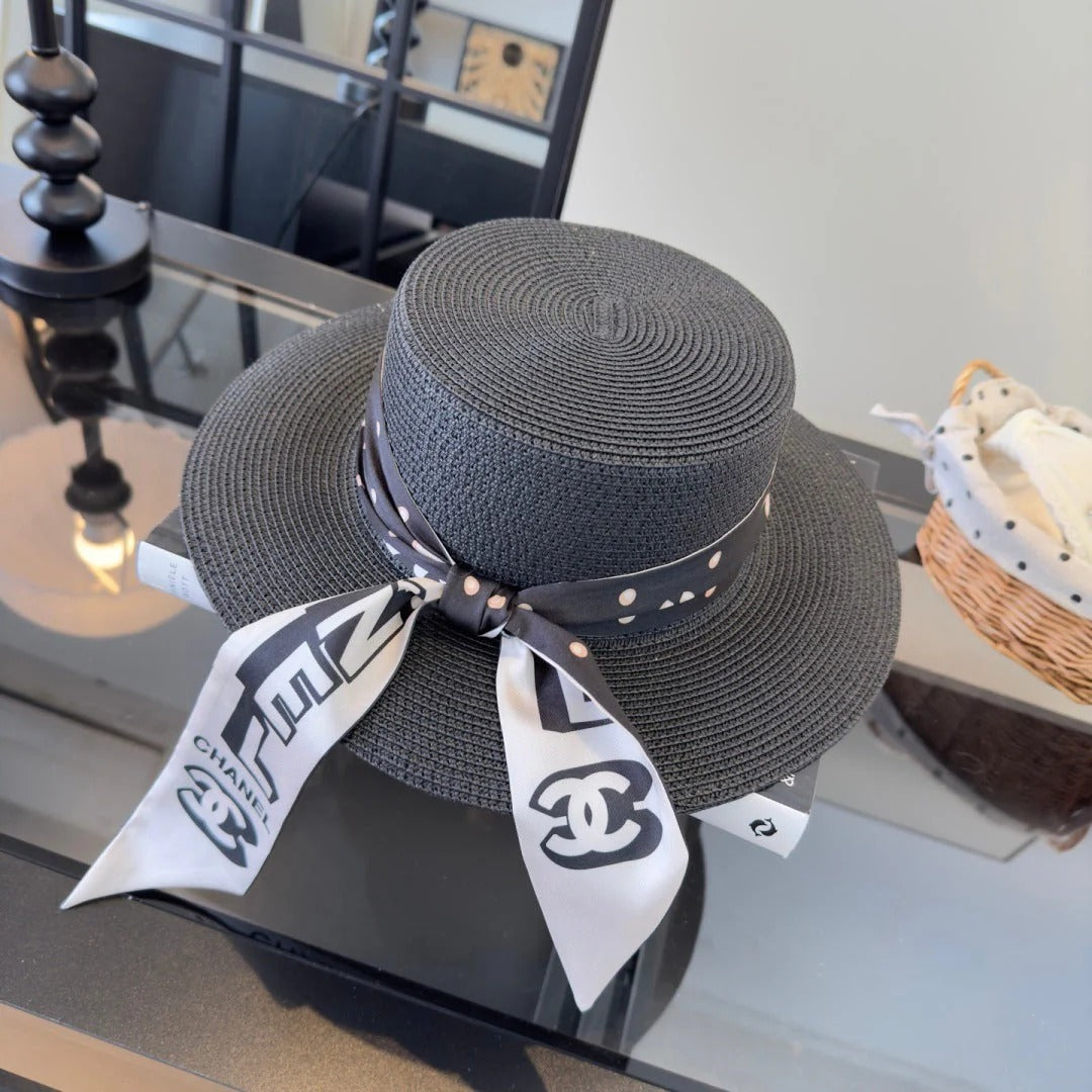 CC Flat-top Straw Hat With Silk Bow 279632