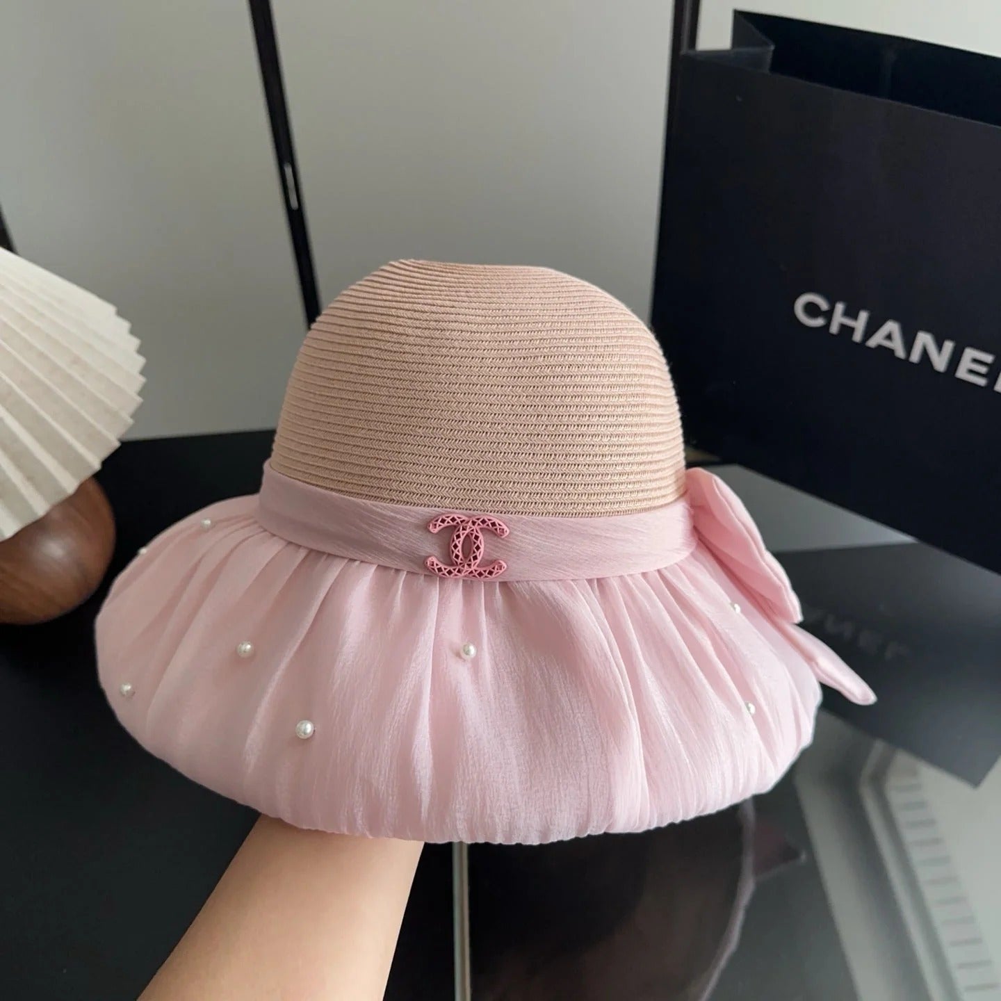 CC Straw Hat With Patchwork Bow 279511