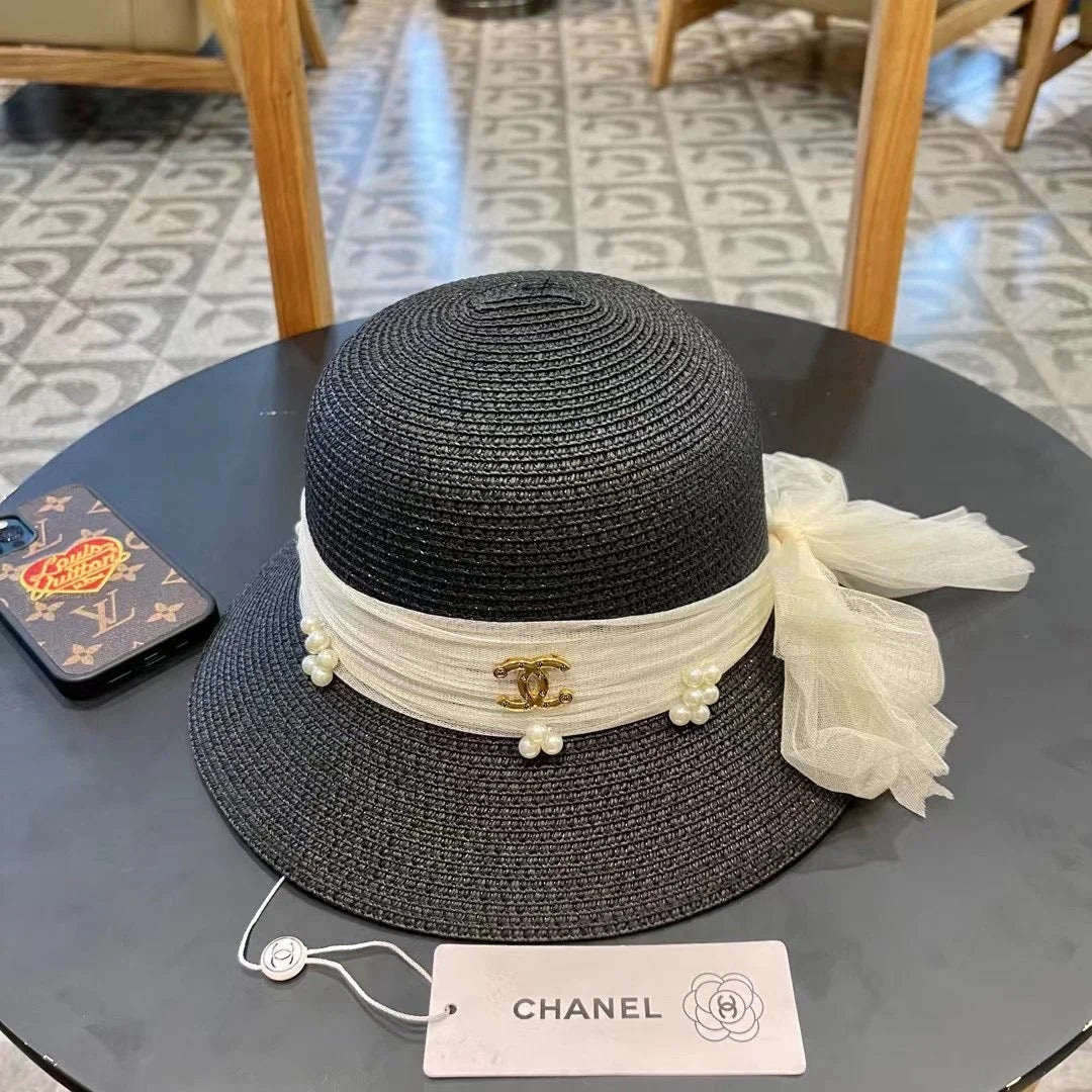 STRAW HAT BOW WITH PEARL BLACK 672699