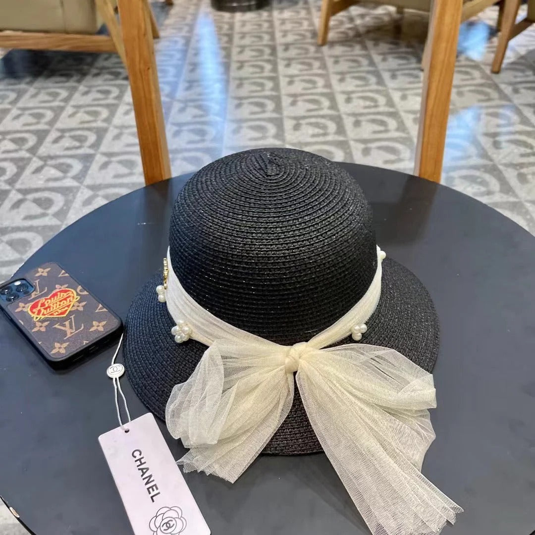 STRAW HAT BOW WITH PEARL BLACK 672699