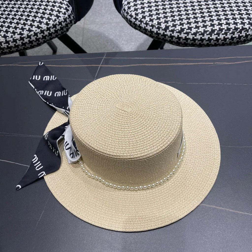 MM SMALL-BRIM STRAW HAT IN LIGHT BEIGE AND PEARL EMBELLISHED