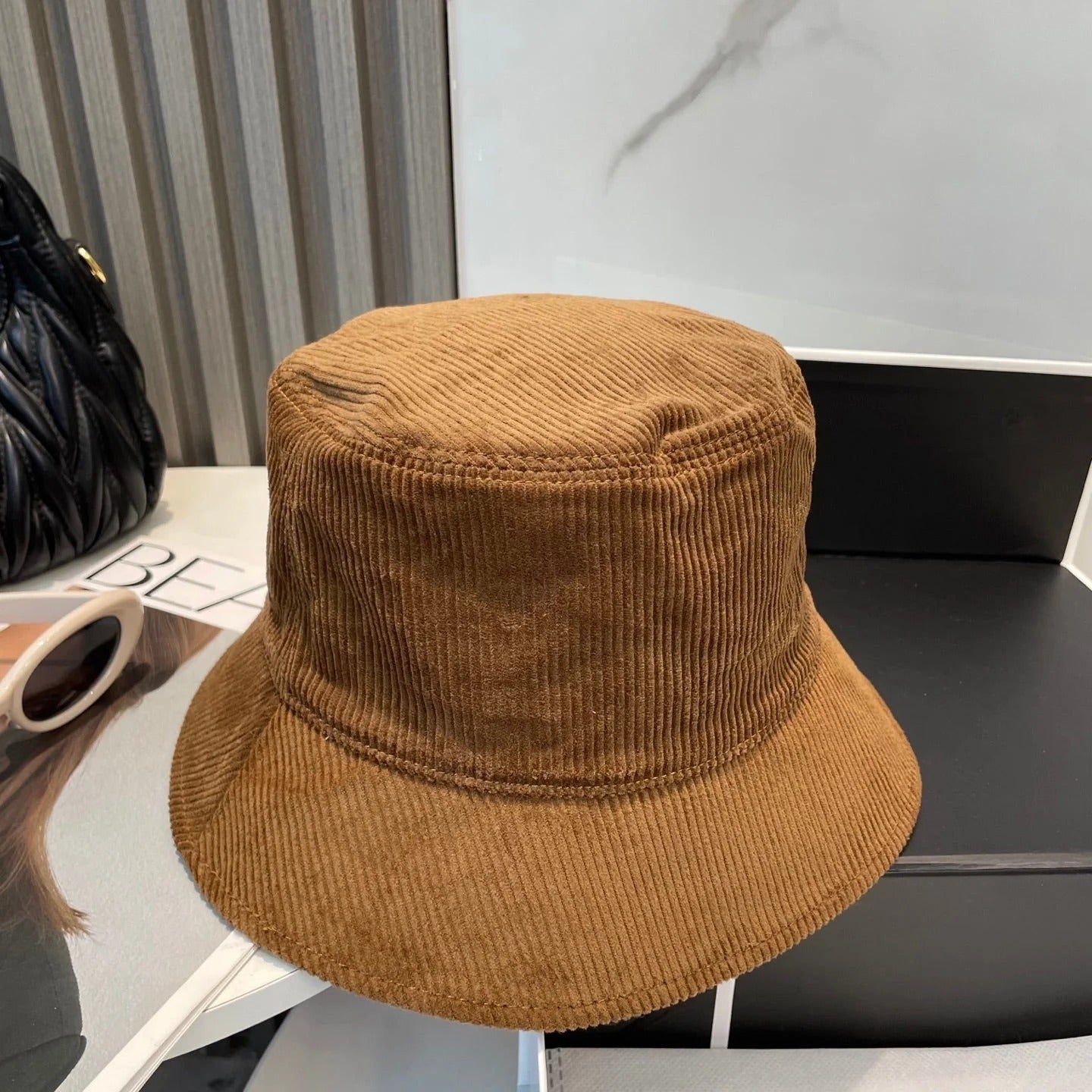 MM BUCKET IN BURNT ORANGE VELVET WITH LOGO