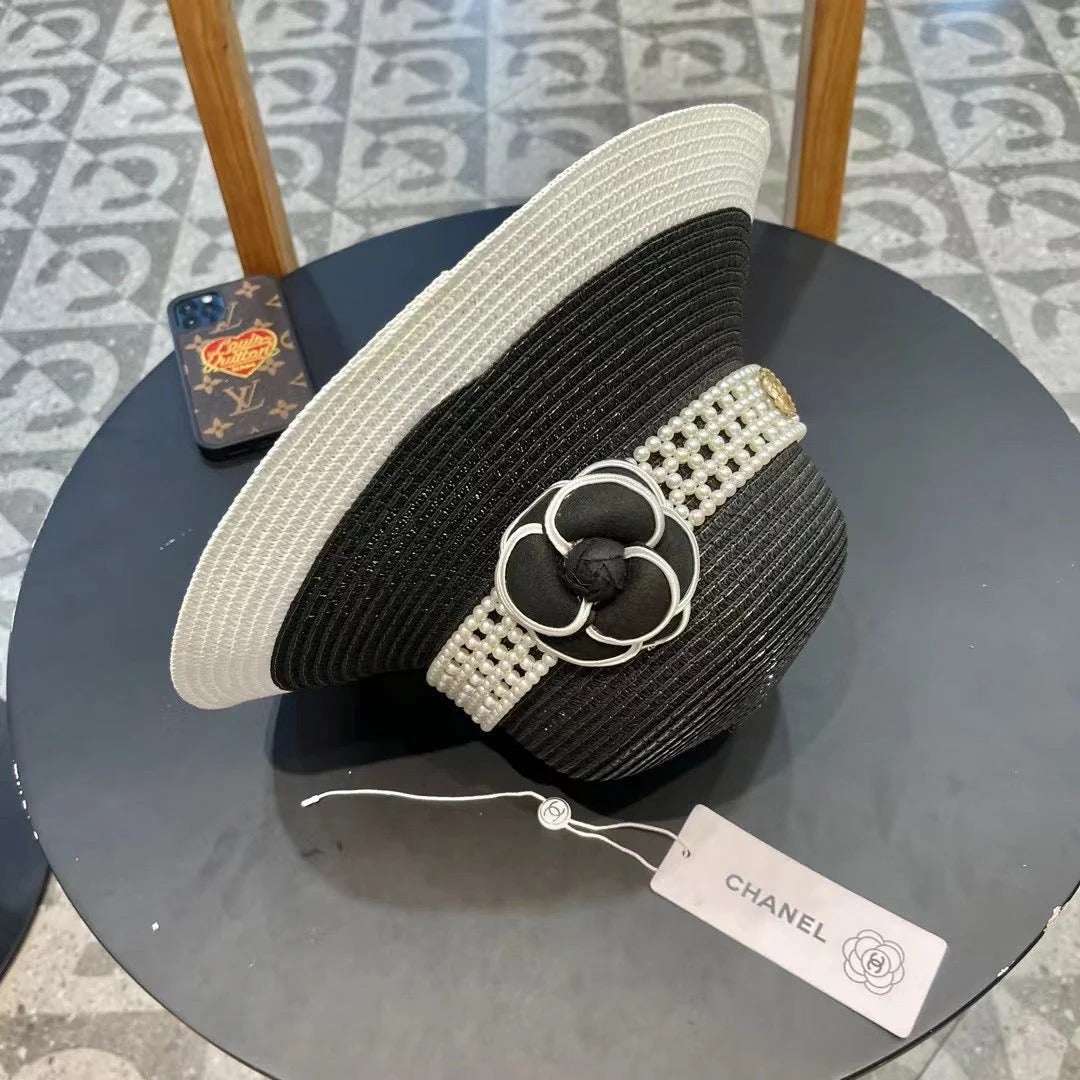STRAW BUCKET HAT BLACK WITH PEARLS 672762