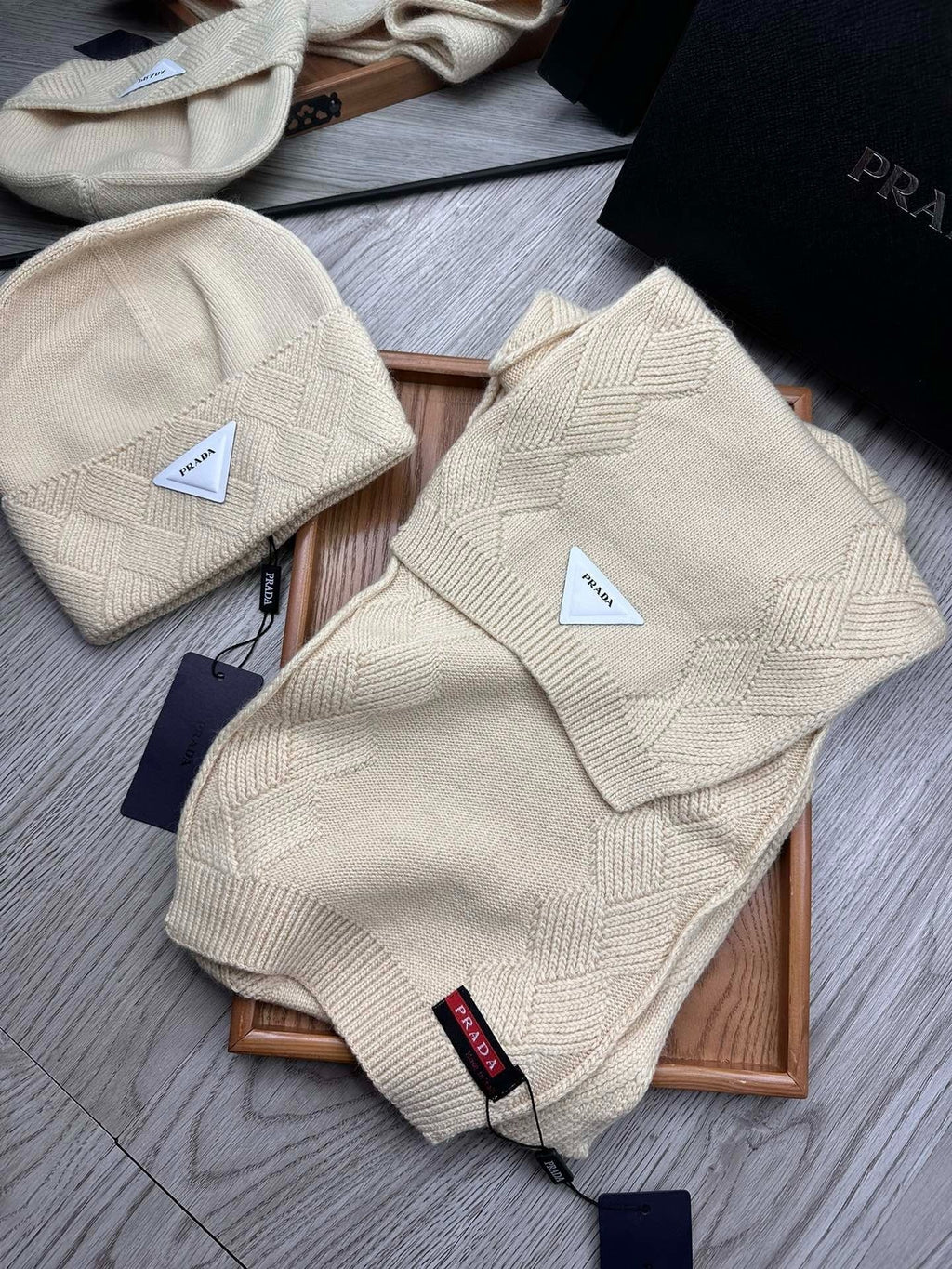 SET SCARF AND HAT IN BISQUE BEIGE WOOL AND RABBIT FUR 397405