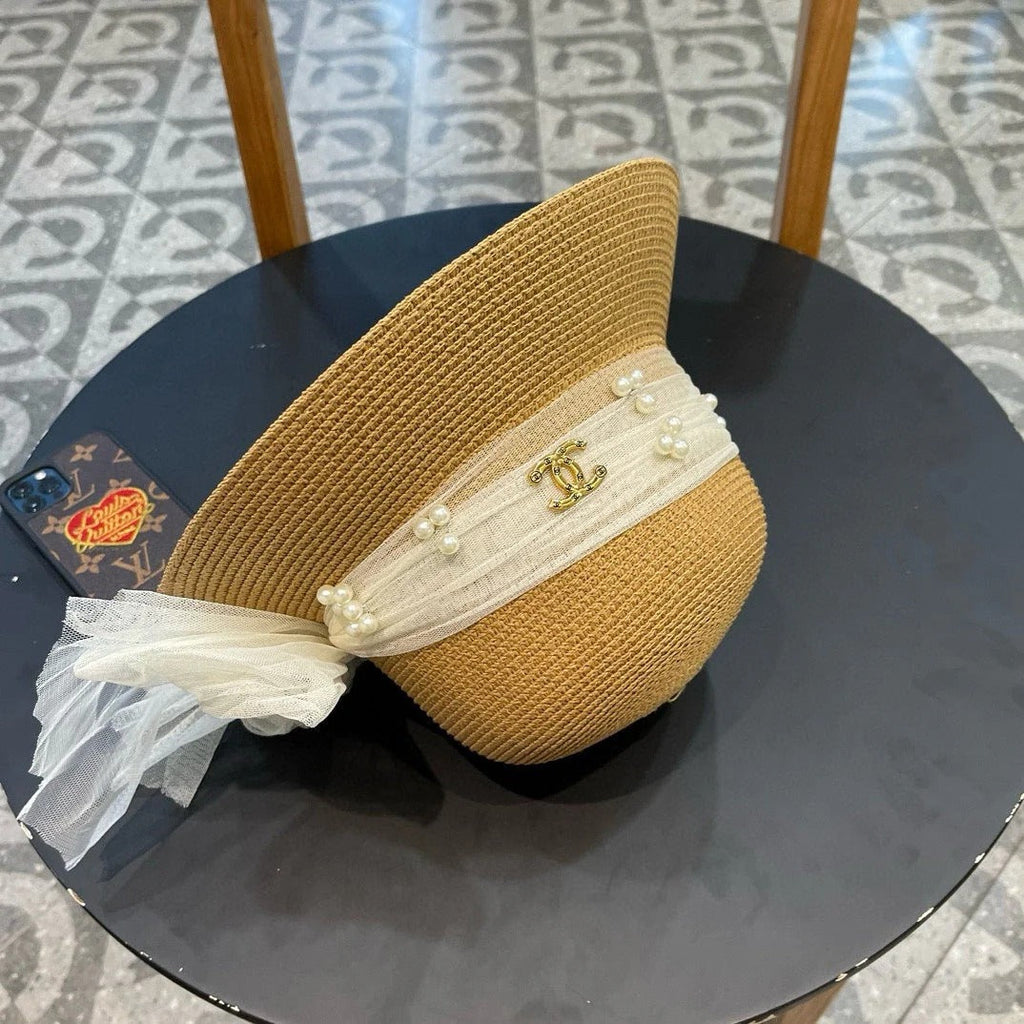 STRAW HAT BOW WITH PEARL BROWN 672697