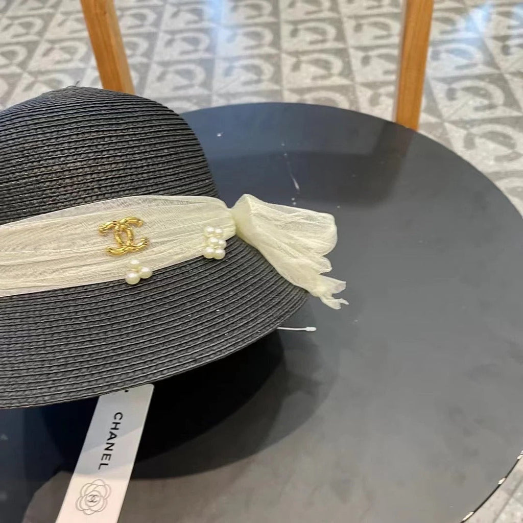 STRAW HAT BOW WITH PEARL BLACK 672699