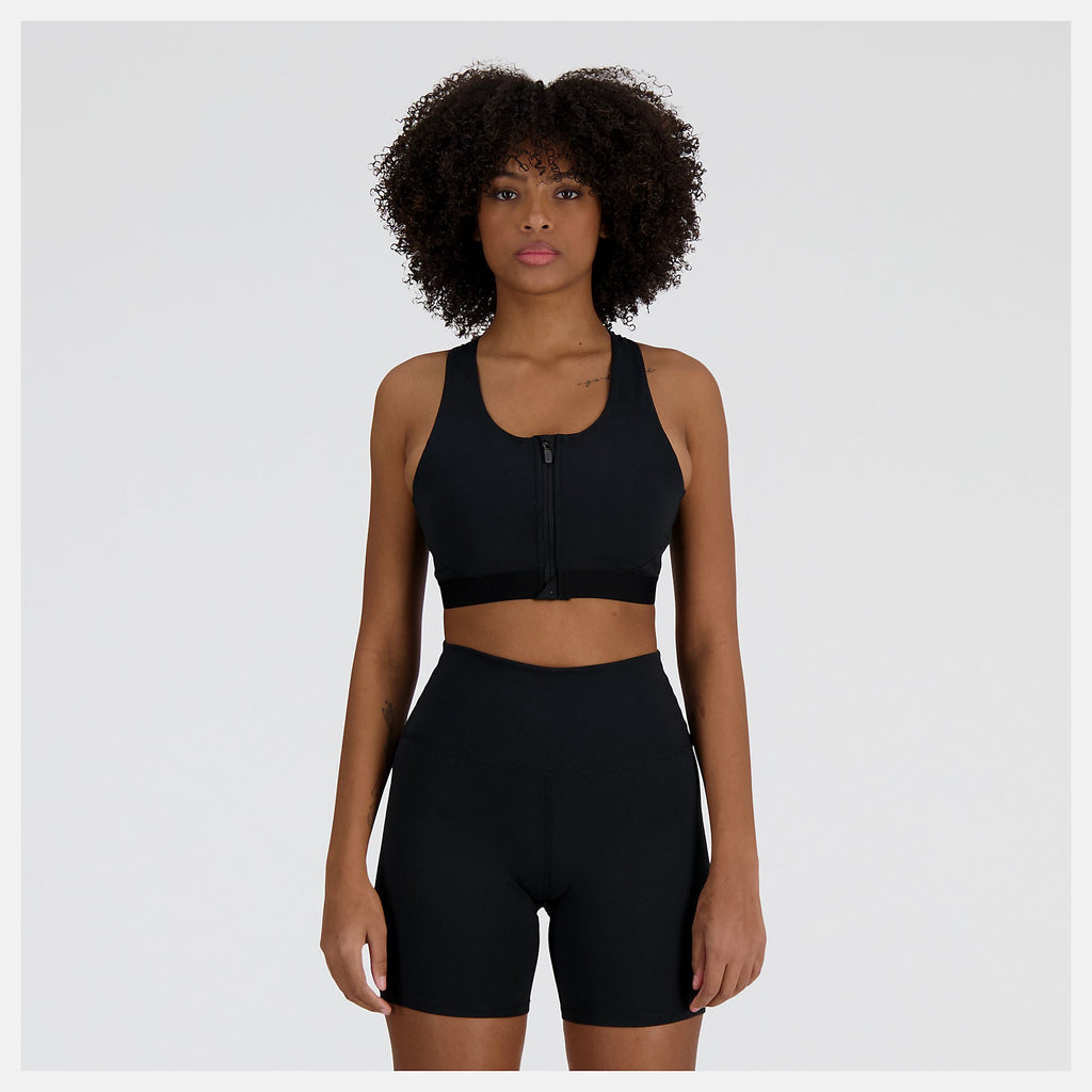 New Balance Sleek Medium Support Pocket Zip Front Bra - Black - WOMEN (WB41047)
